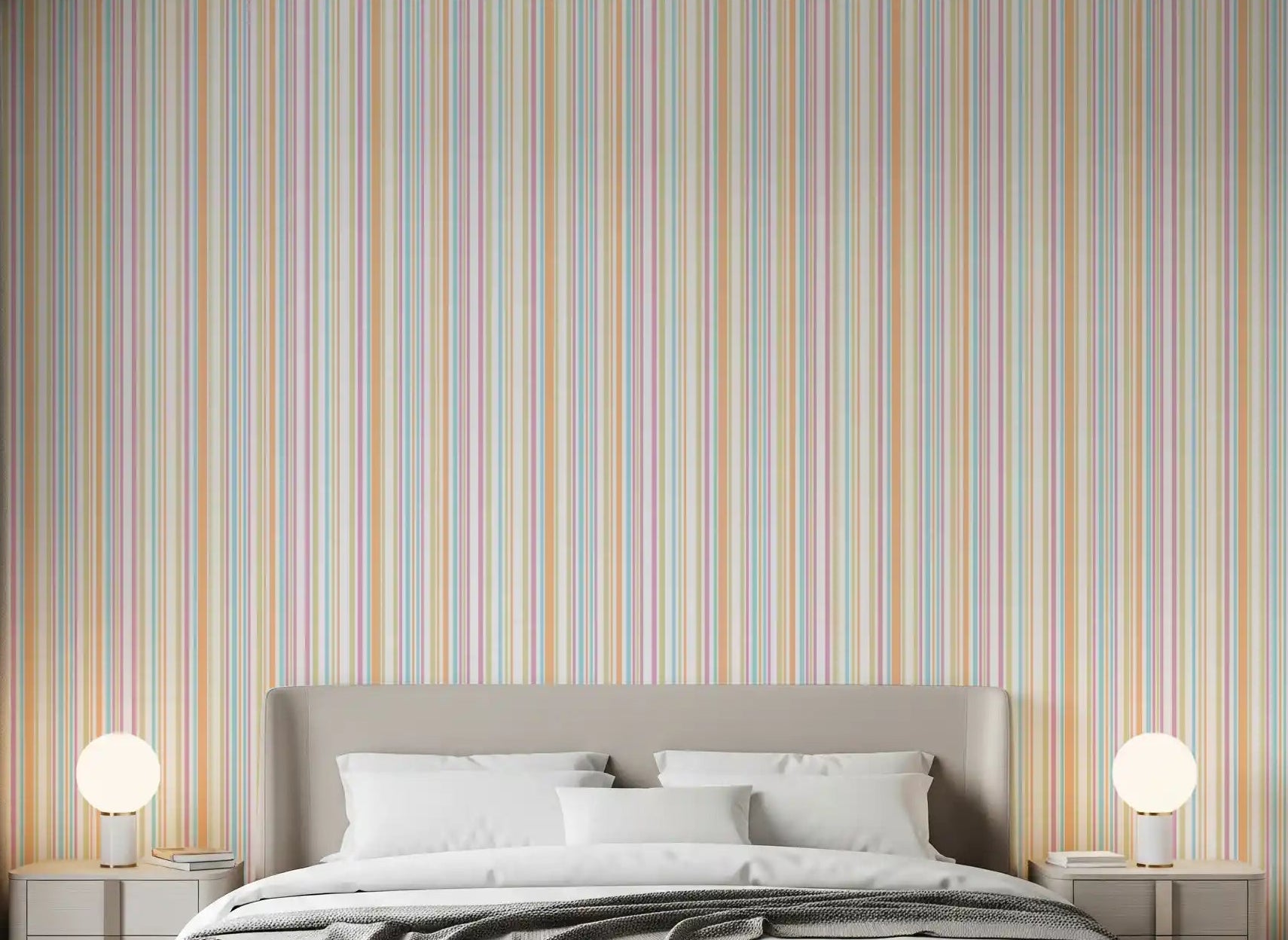 Bedroom Cheerful Pastel Stripes wallpaper with slim rainbow vertical lines, GD9050