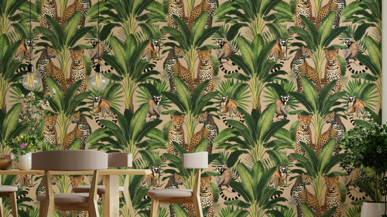 Beige jungle wallpaper with cheetahs and monkeys, GD2569