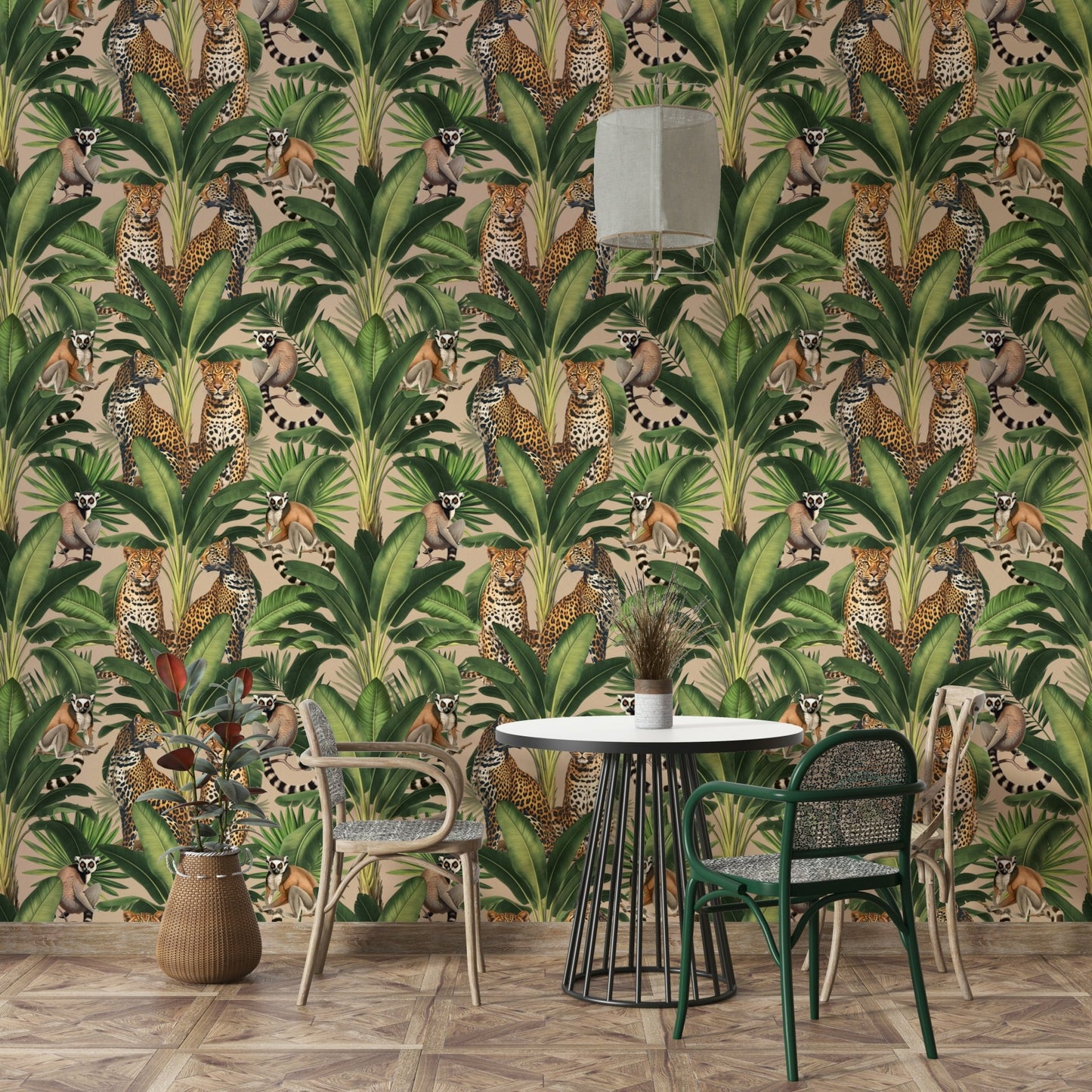 Wildlife mural wallpaper with tropical leaves

