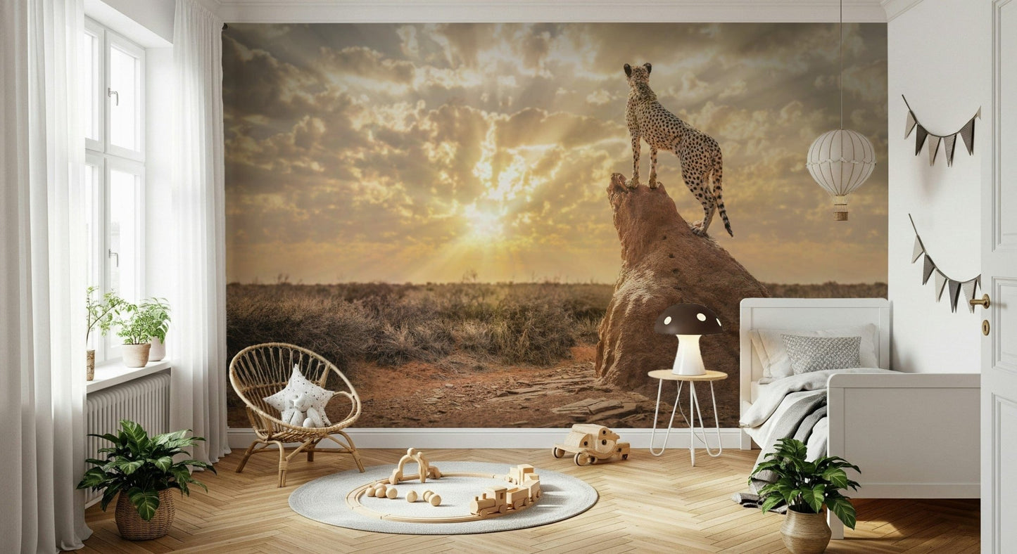 Cheetah's Domain Wallpaper with acacia trees in a minimalist lounge setting., GD5900