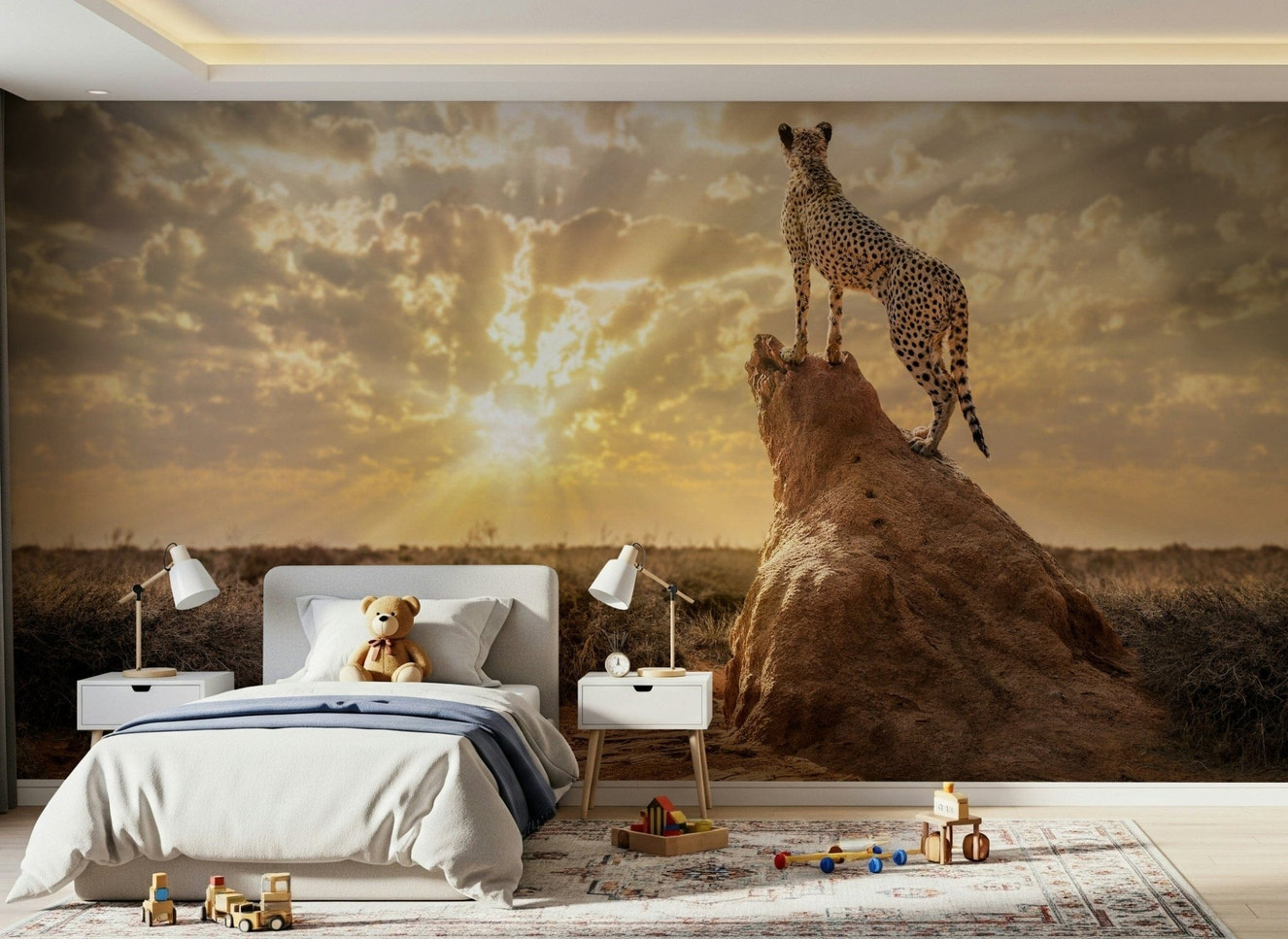 Golden savanna landscape wall mural in a contemporary home office space.