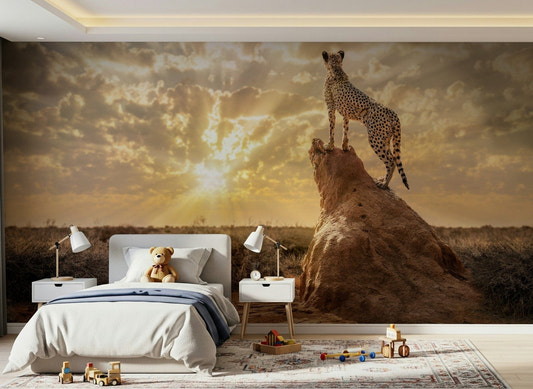 Golden savanna landscape wall mural in a contemporary home office space.