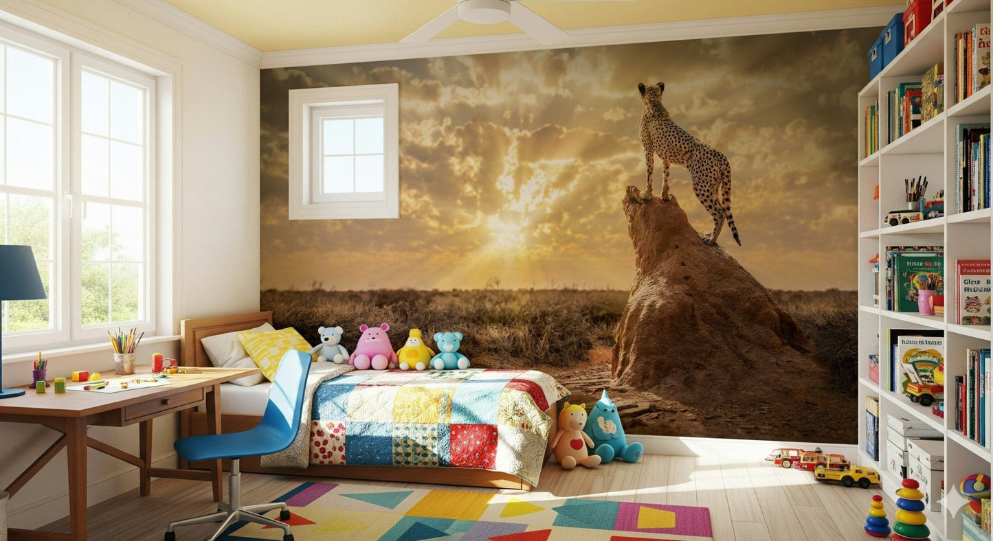 Cheetah's Domain Wall Mural with a majestic cheetah in a modern living room., GD5900