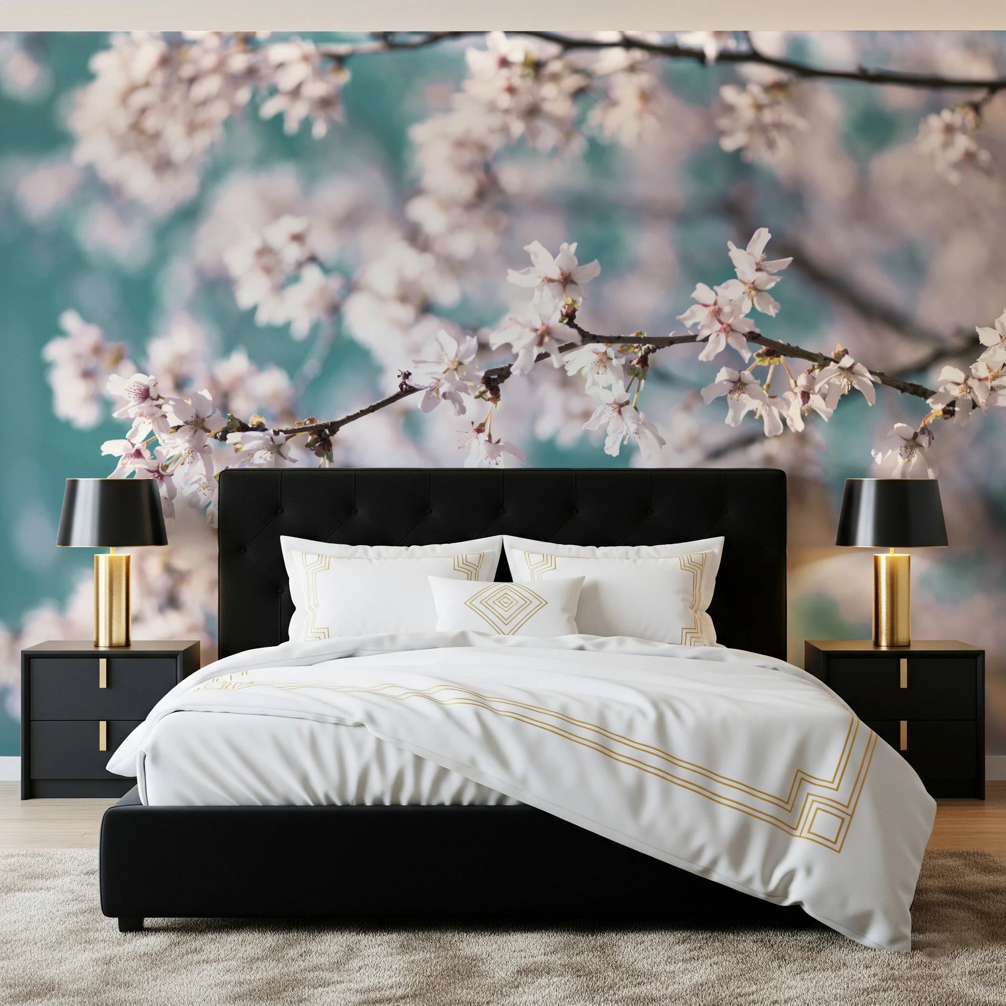 Bedroom styled in Cherry Bloom Serenity wall mural petals, GD8743