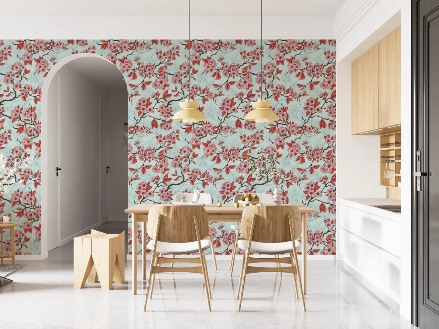 Soft coral flowers spread across Cherry Blossom on Sea Glass wallpaper, GD9273