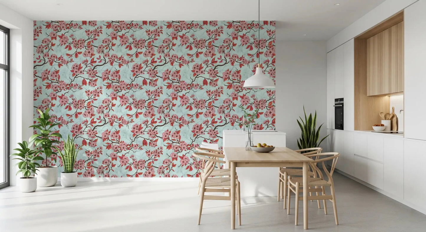 A fresh floral pattern gives Cherry Blossom on Sea Glass wallpaper calm contrast, GD9273