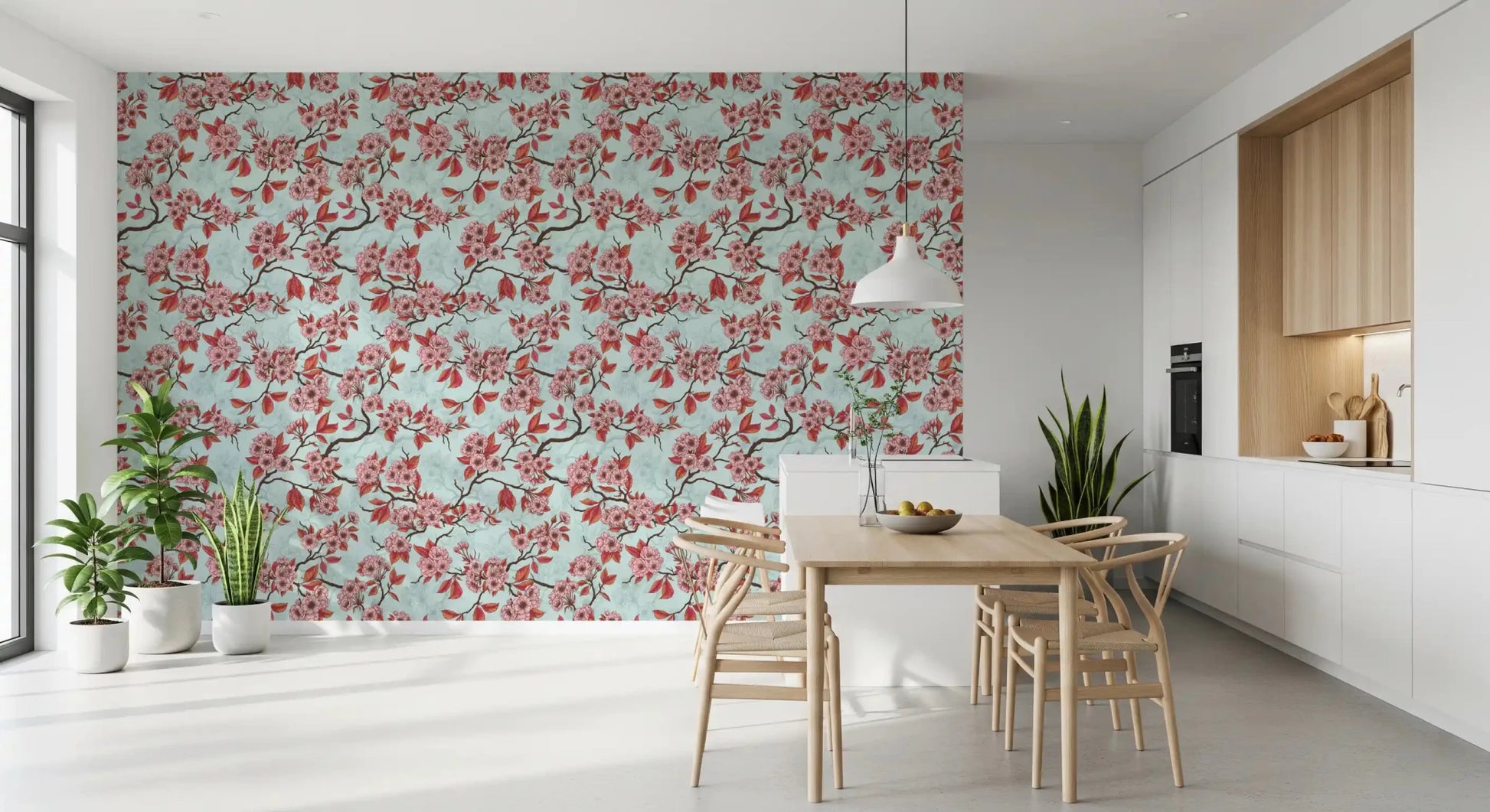 A fresh floral pattern gives Cherry Blossom on Sea Glass wallpaper calm contrast, GD9273