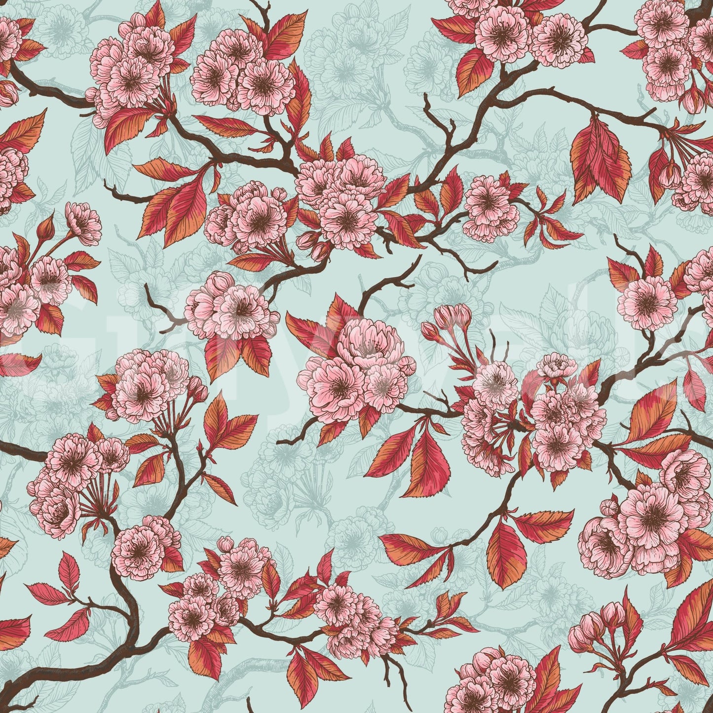 Sea glass tones balance the blossoms in Cherry Blossom on Sea Glass wallpaper, GD9273