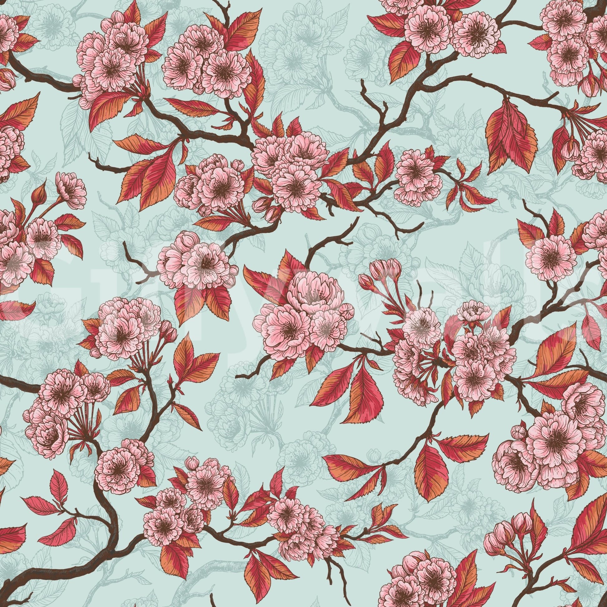 Sea glass tones balance the blossoms in Cherry Blossom on Sea Glass wallpaper, GD9273