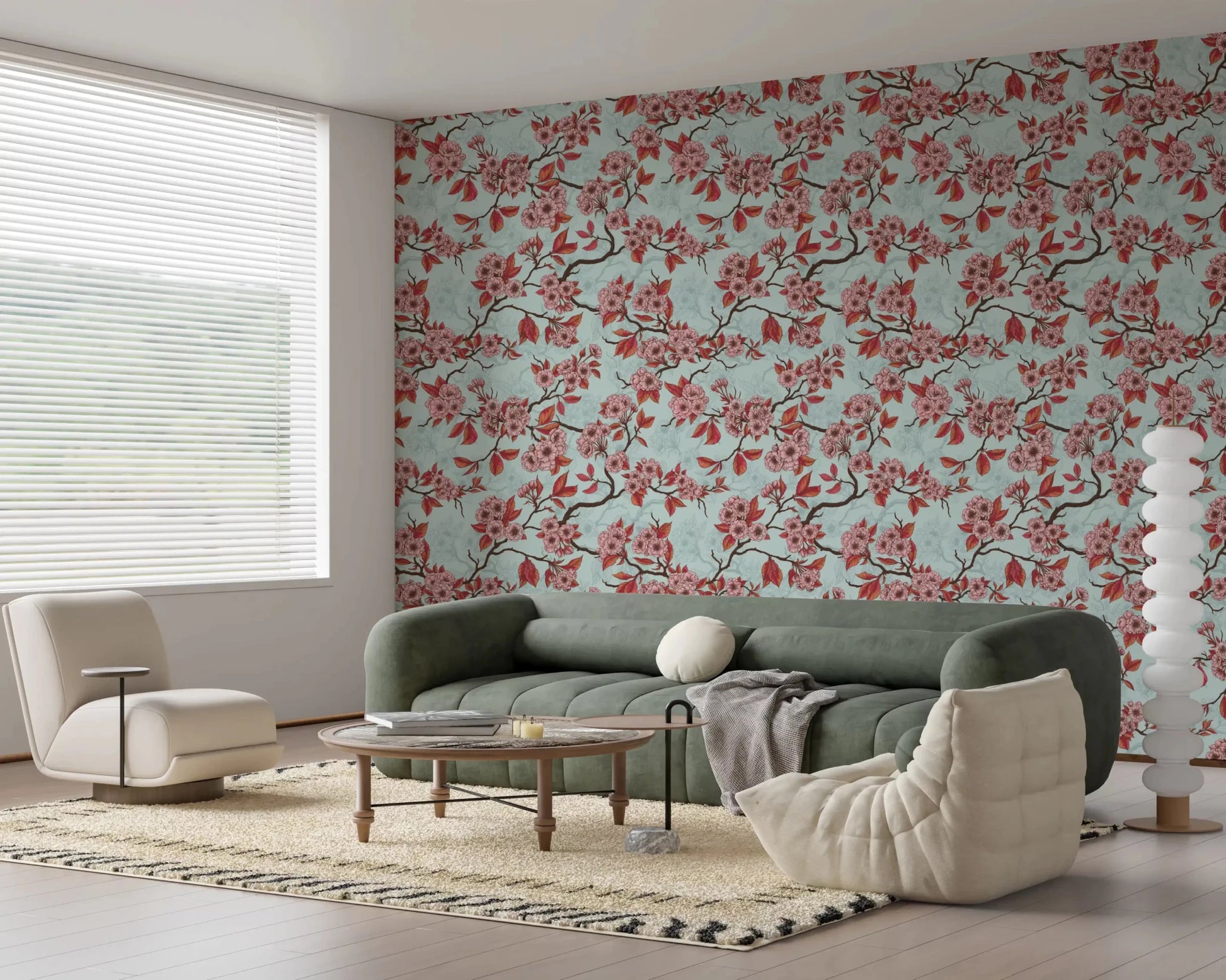 Delicate branchwork defines Cherry Blossom on Sea Glass wallpaper softly, GD9273