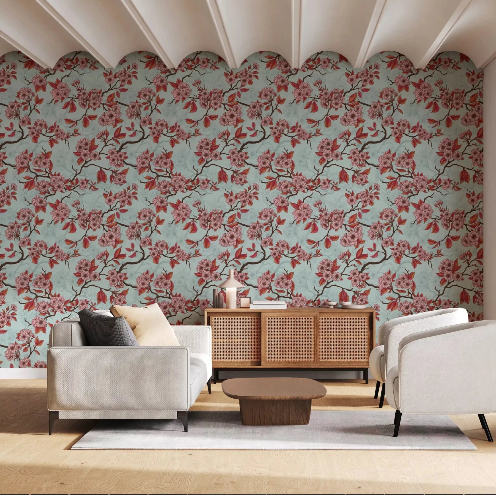 Coral blossoms and fine branches shape Cherry Blossom on Sea Glass wallpaper, GD9273
