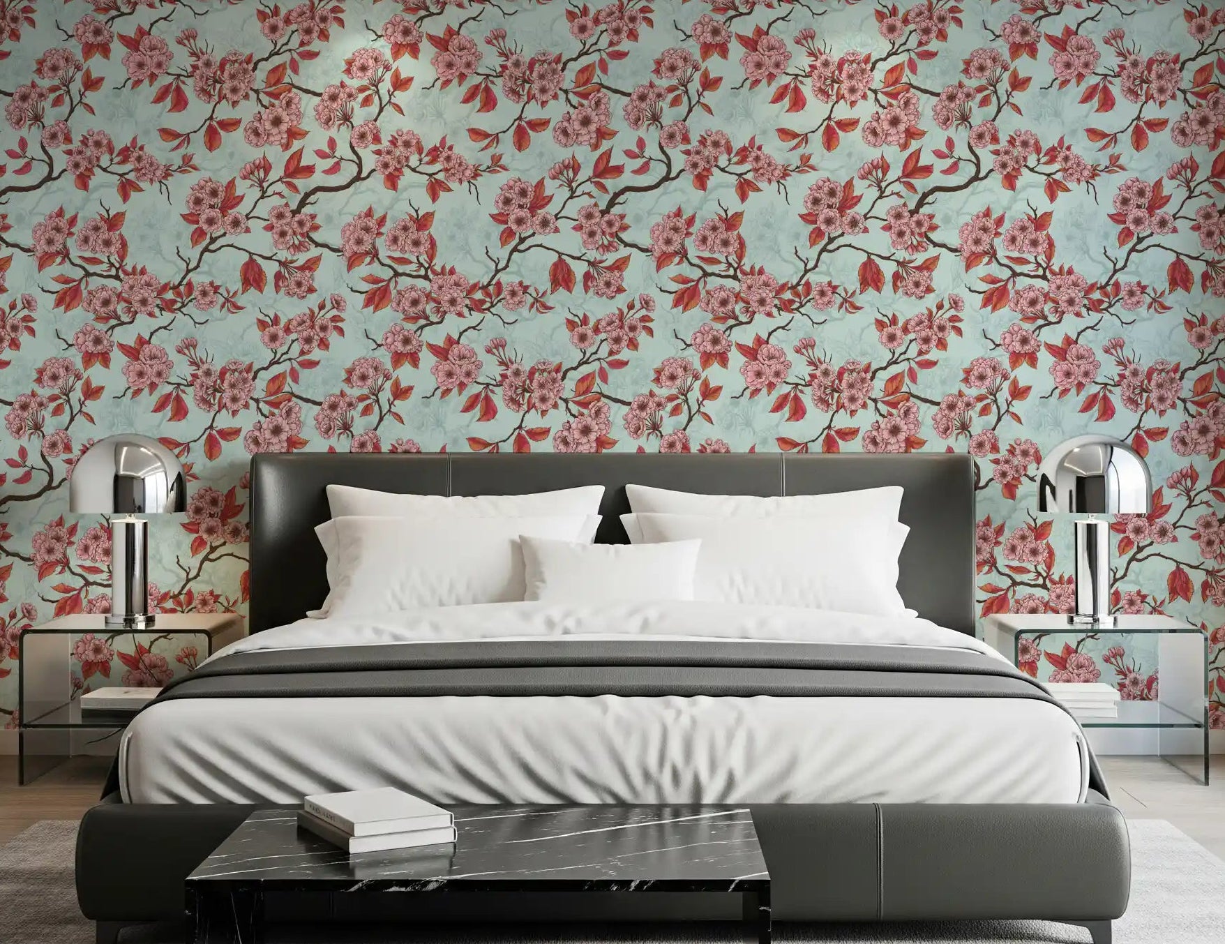 Bedroom wall featuring Cherry Blossom on Sea Glass wallpaper with branch detail, GD9273