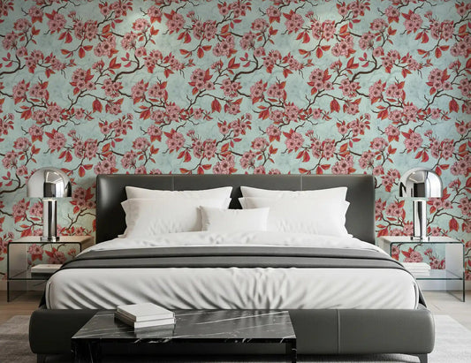 Bedroom wall featuring Cherry Blossom on Sea Glass wallpaper with branch detail