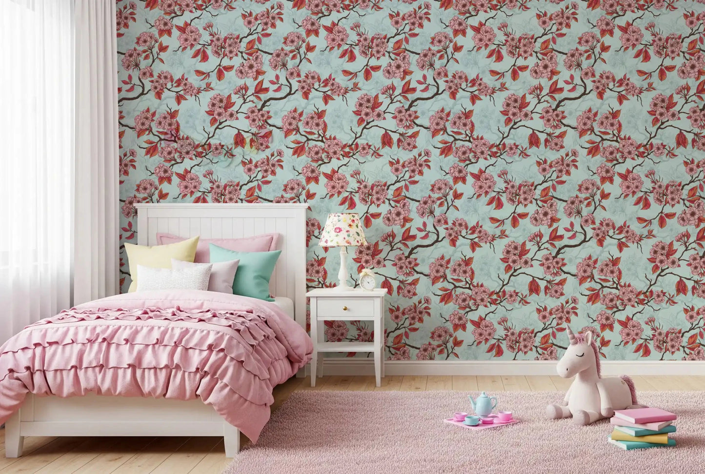 Cherry Blossom on Sea Glass wallpaper brings a light botanical surface look, GD9273