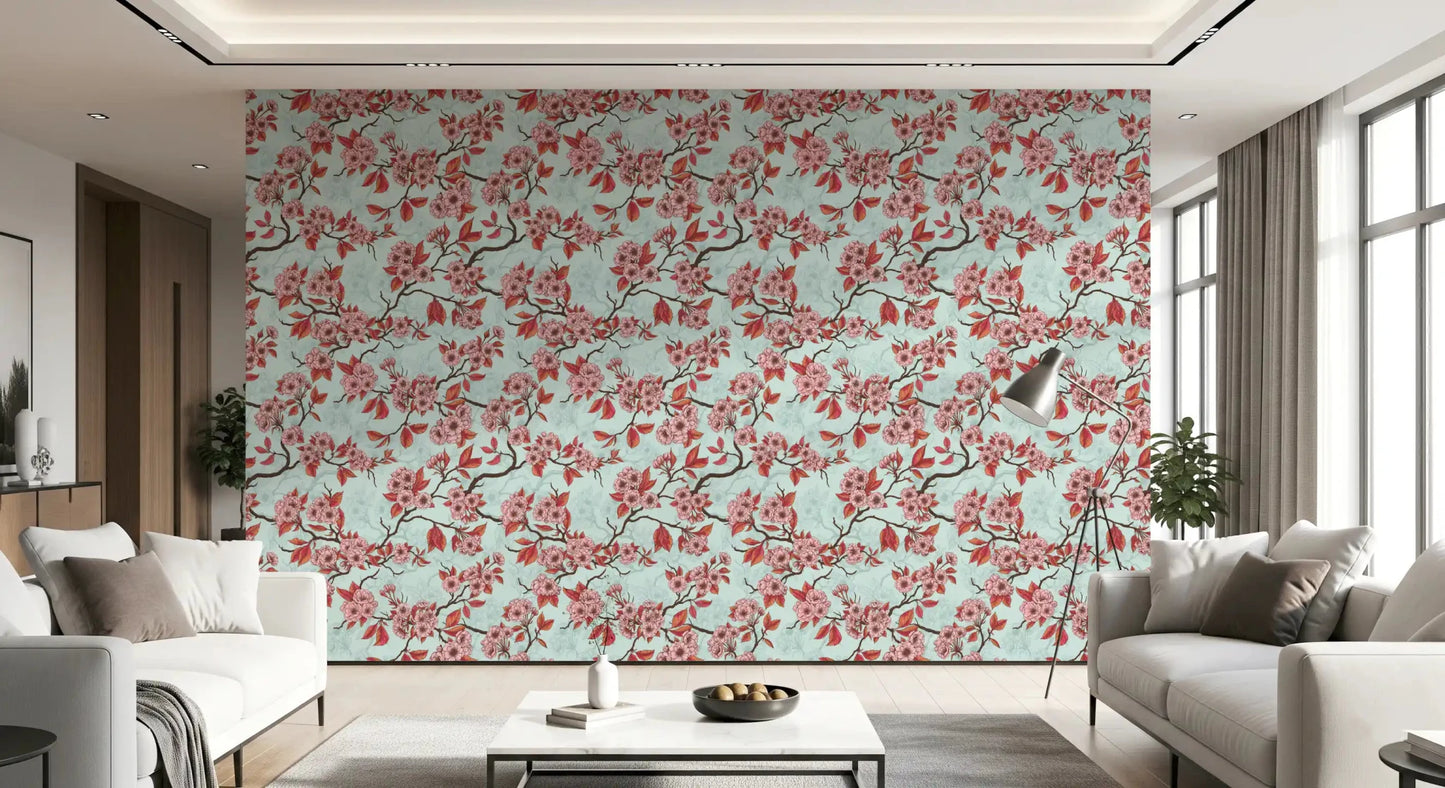 Living room styled with Cherry Blossom on Sea Glass wallpaper and coral blooms, GD9273
