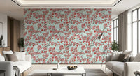 Living room styled with Cherry Blossom on Sea Glass wallpaper and coral blooms, GD9273