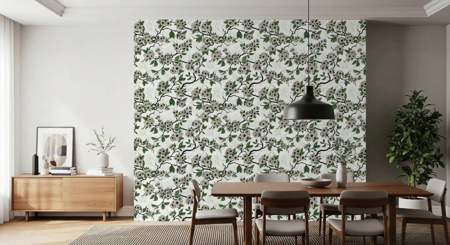 A crisp white backdrop keeps Cherry Blossom on White wallpaper bright and clean, GD9272