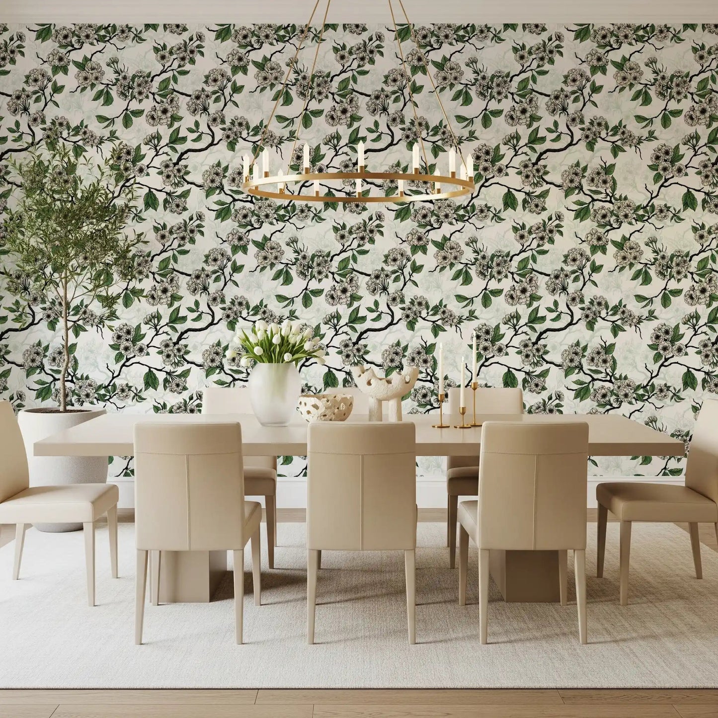 Cherry Blossom on White wallpaper pairs branching stems with gentle contrast, GD9272