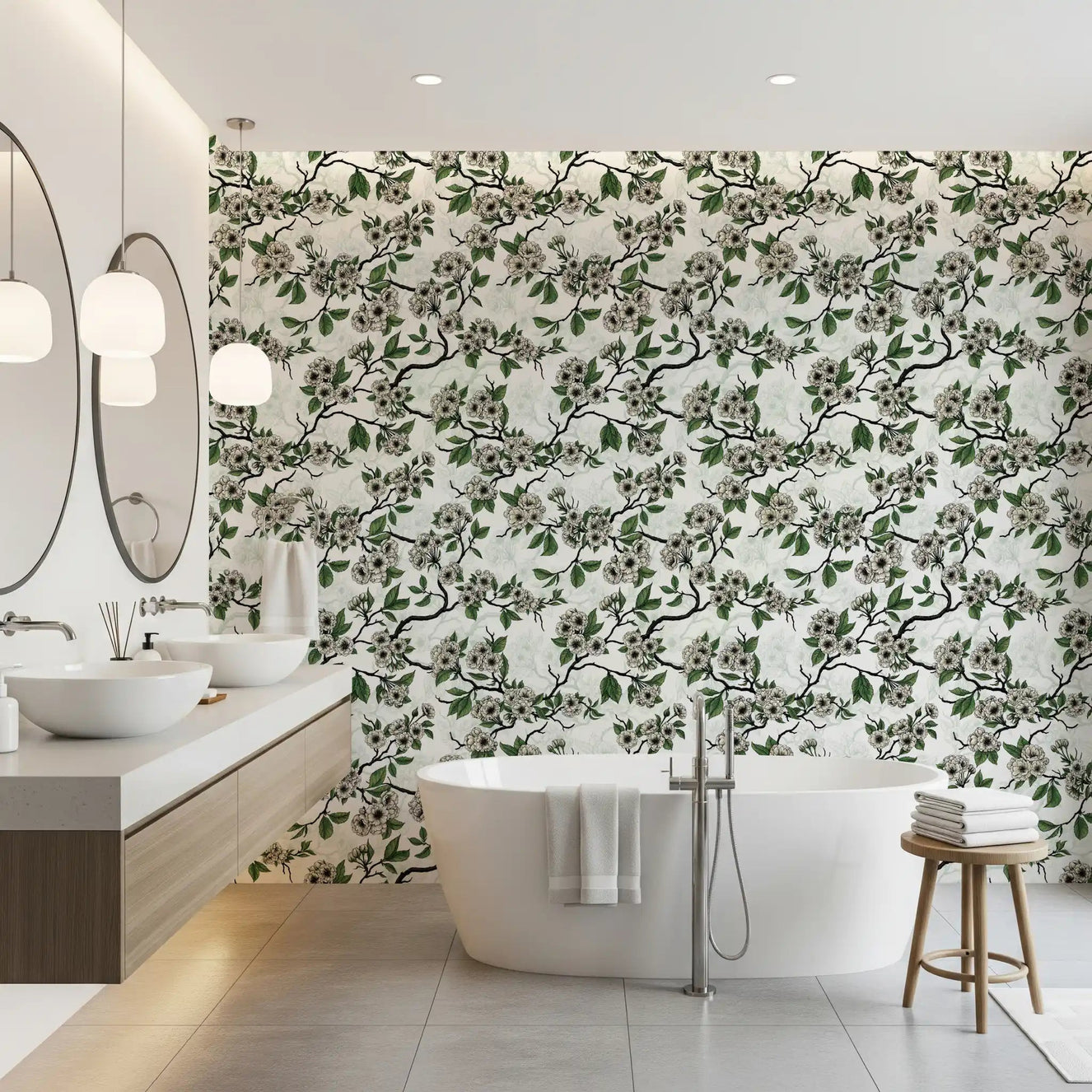 Soft green blossoms spread across Cherry Blossom on White wallpaper gracefully