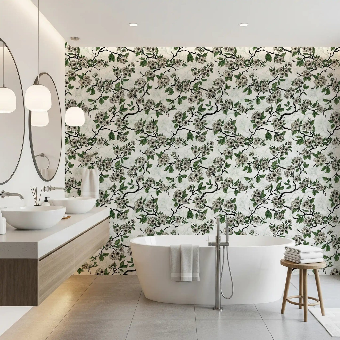 Soft green blossoms spread across Cherry Blossom on White wallpaper gracefully, GD9272
