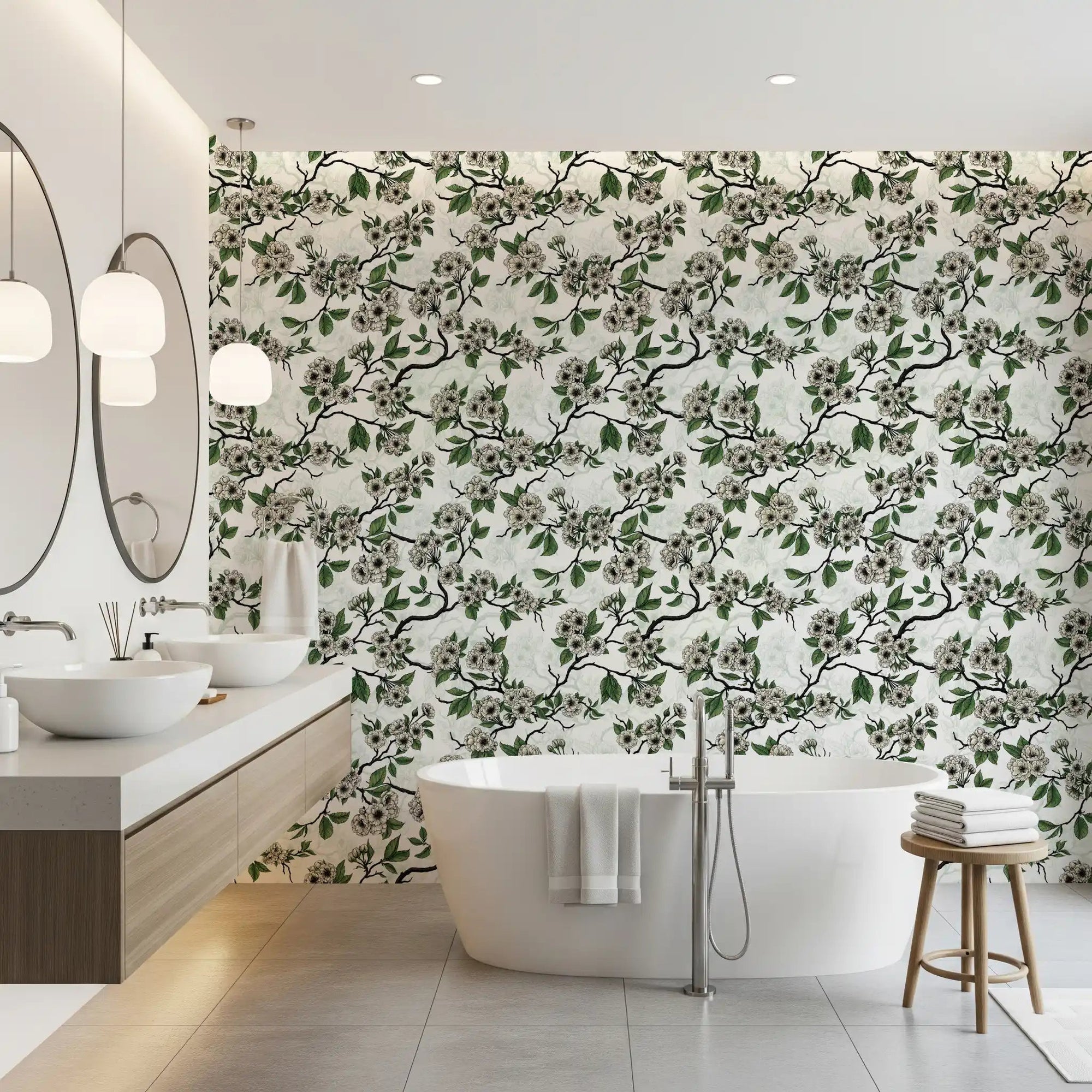 Soft green blossoms spread across Cherry Blossom on White wallpaper gracefully, GD9272