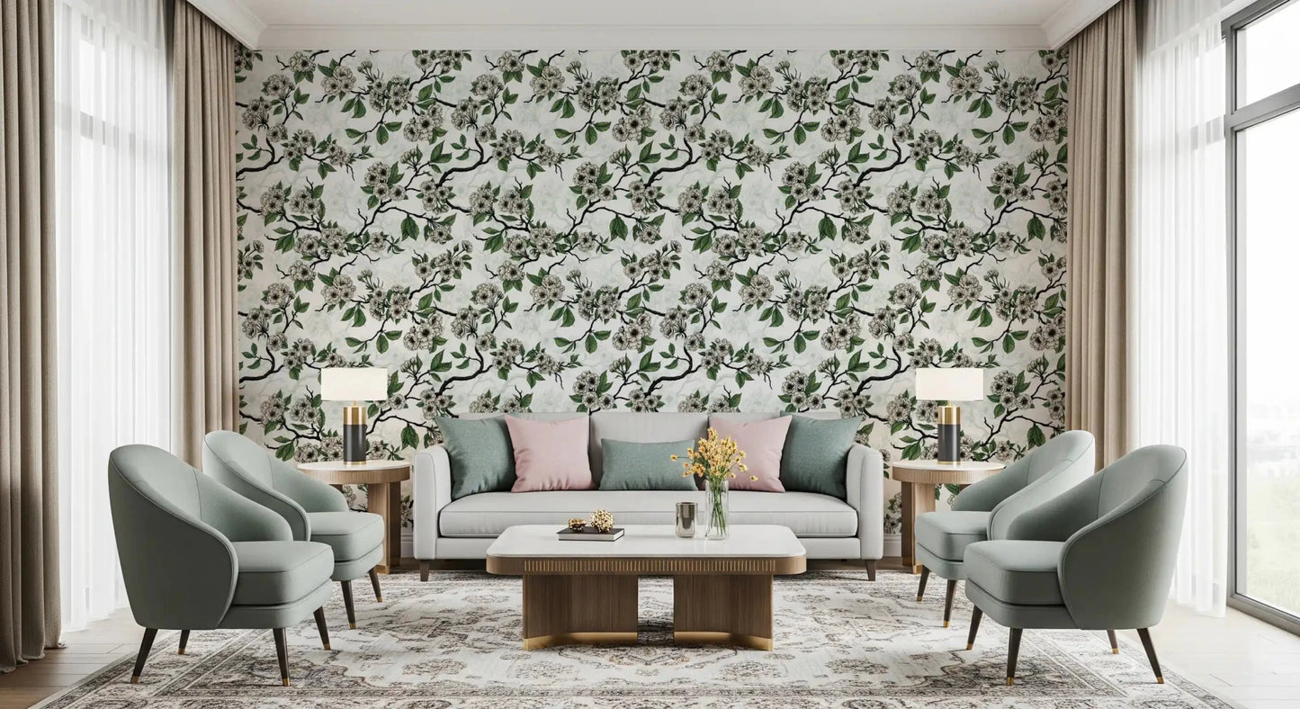 Living room styled with Cherry Blossom on White wallpaper and soft green blooms, GD9272