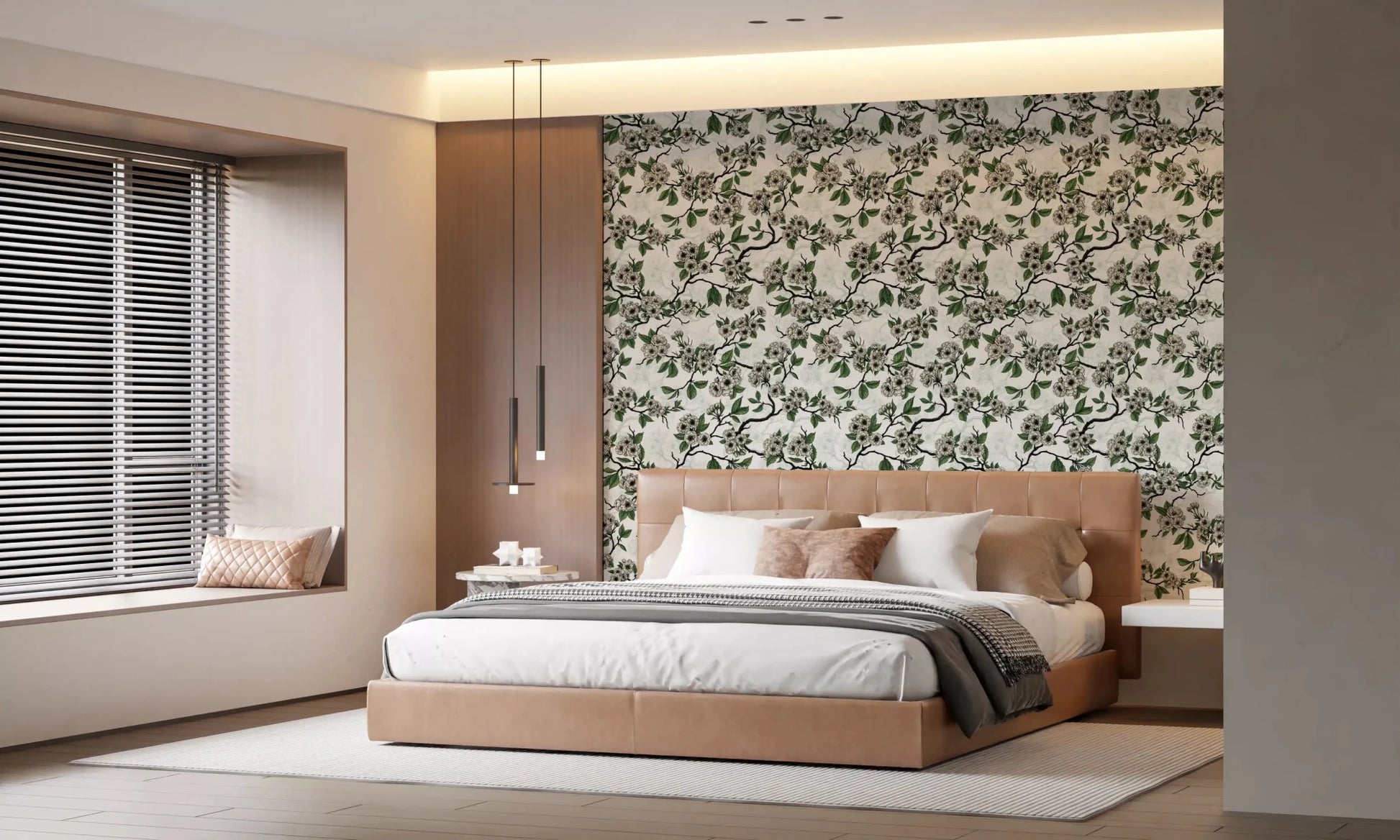 Bedroom wall featuring Cherry Blossom on White wallpaper with leafy branches, GD9272