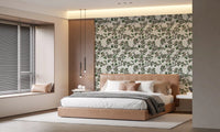 Bedroom wall featuring Cherry Blossom on White wallpaper with leafy branches, GD9272