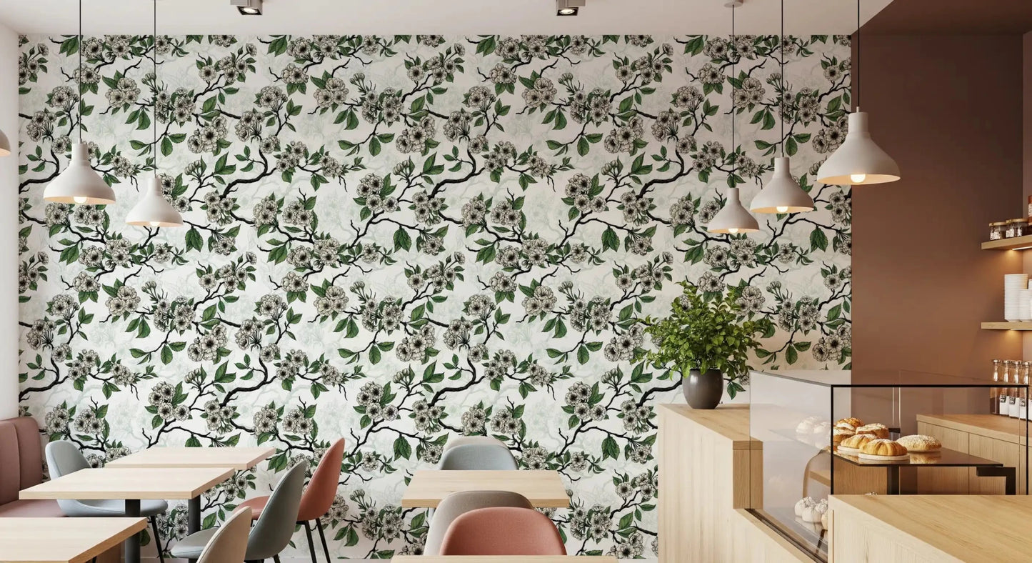 Delicate green floral detail shapes Cherry Blossom on White wallpaper softly, GD9272
