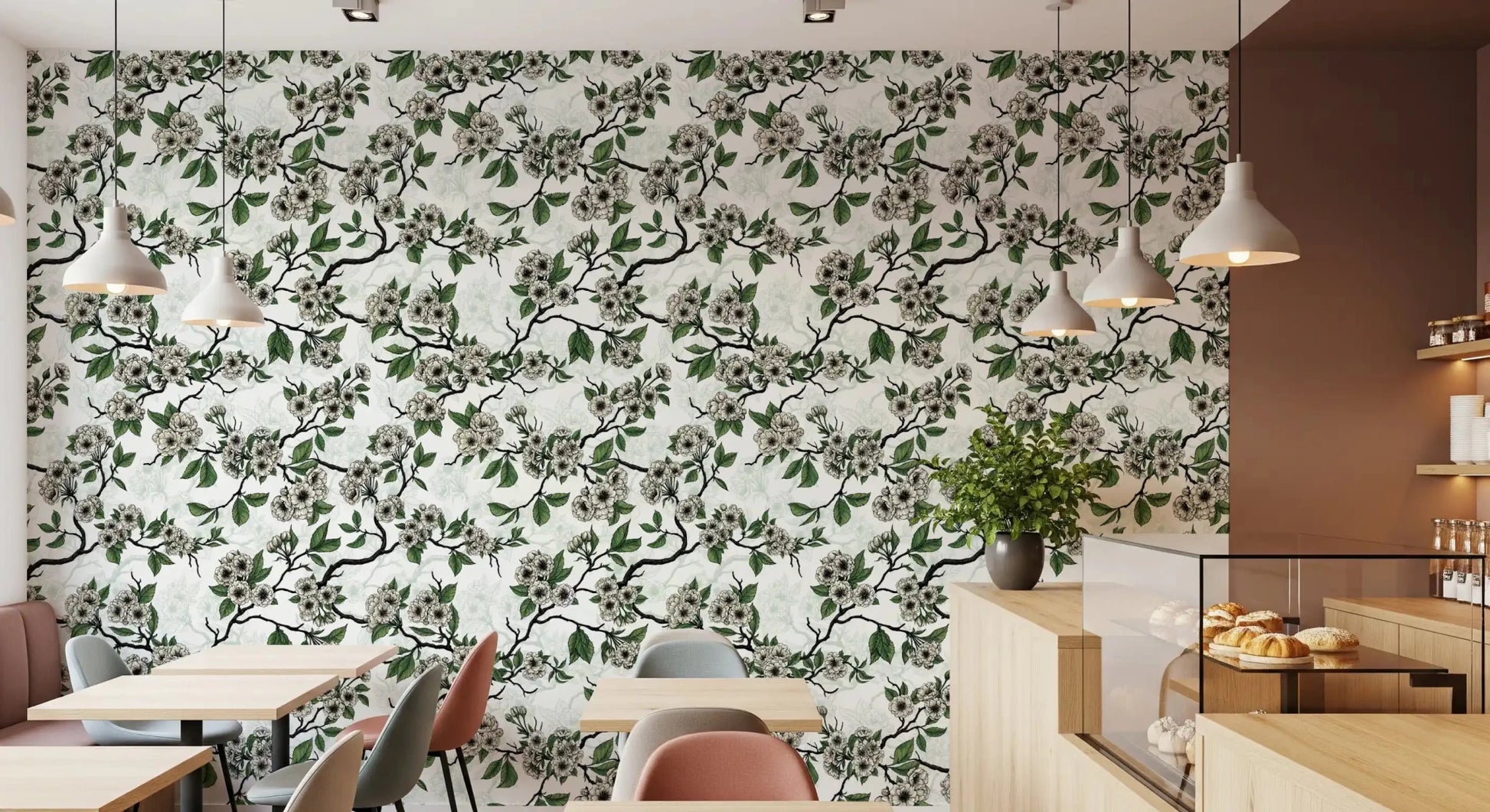 Delicate green floral detail shapes Cherry Blossom on White wallpaper softly, GD9272