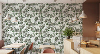 Delicate green floral detail shapes Cherry Blossom on White wallpaper softly, GD9272
