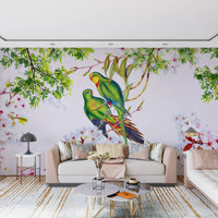 Cherry Blossom Parrots Wall Mural in a sunlit lounge with potted indoor plants wallpaper.