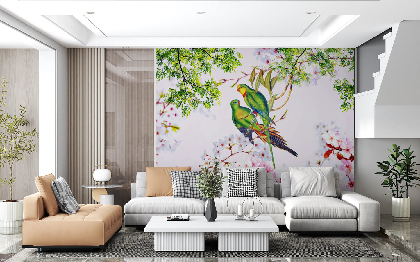 Pink cherry blossom wall mural for a feature wall in a quiet home office wallpaper.