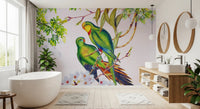 Floral wall mural with parrots in a bright living room with modern seating wallpaper.