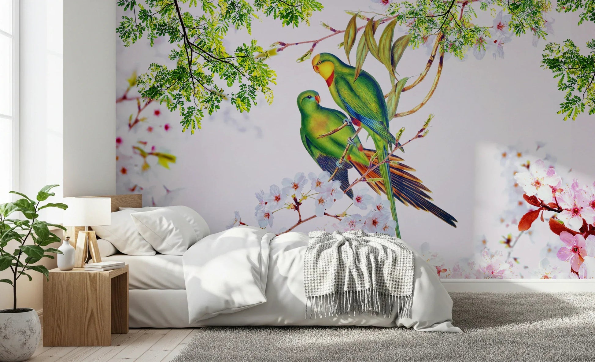 Cherry Blossom Parrots Wall Mural in a soft pink themed bedroom with white linen wallpaper.