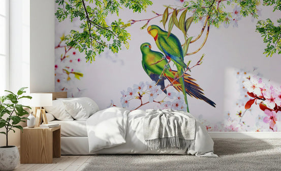 Cherry Blossom Parrots Wall Mural in a soft pink themed bedroom with white linen wallpaper., GD8038