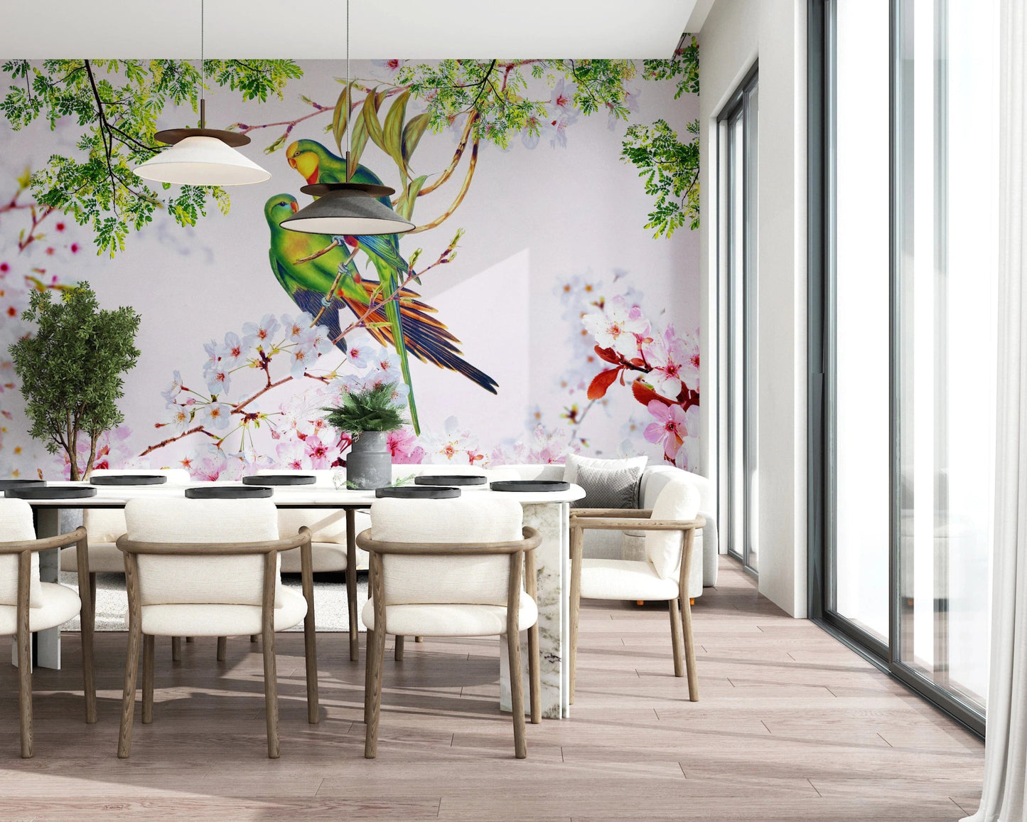 Cherry Blossom Parrots Wall Mural for a creative studio with open shelving wallpaper.