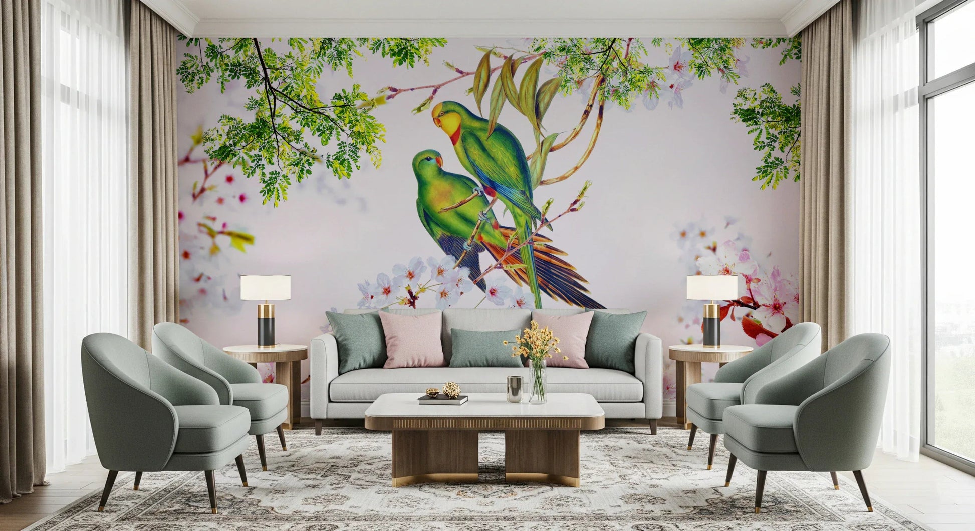 Artistic bird and flower wall mural for a cozy reading corner with a lamp wallpaper.