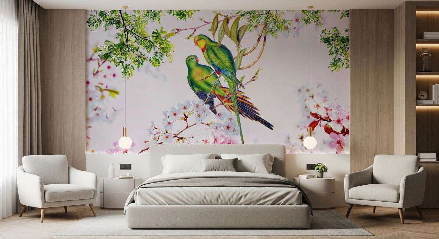 Botanical wall mural with birds for a hallway with minimalist décor accents wallpaper.