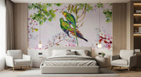 Botanical wall mural with birds for a hallway with minimalist décor accents wallpaper.