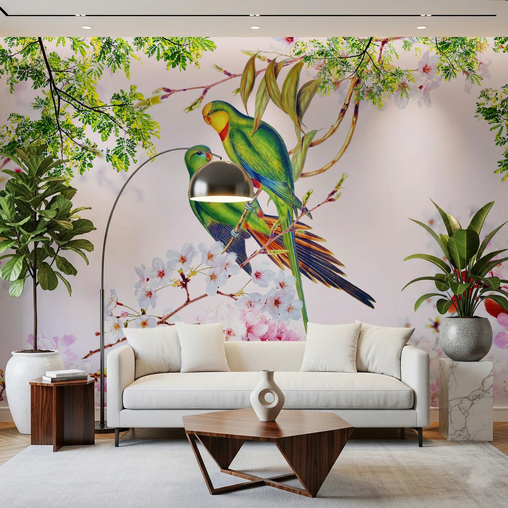 Nature inspired wall mural with parrots for a guest suite with neutral tones wallpaper.