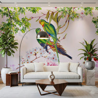 Nature inspired wall mural with parrots for a guest suite with neutral tones wallpaper.
