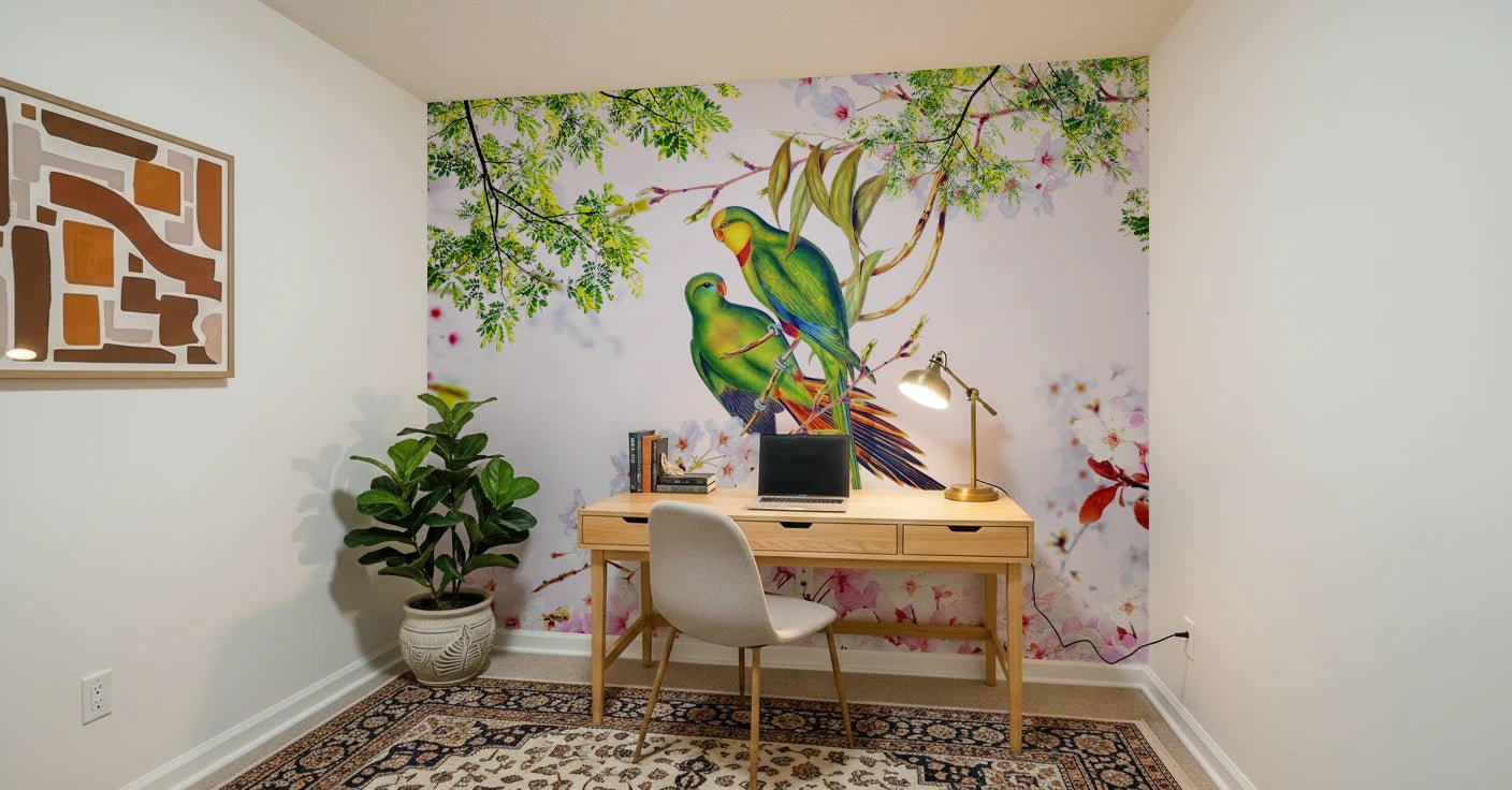 Cherry Blossom Parrots Wall Mural in a contemporary dining room with oak table wallpaper.