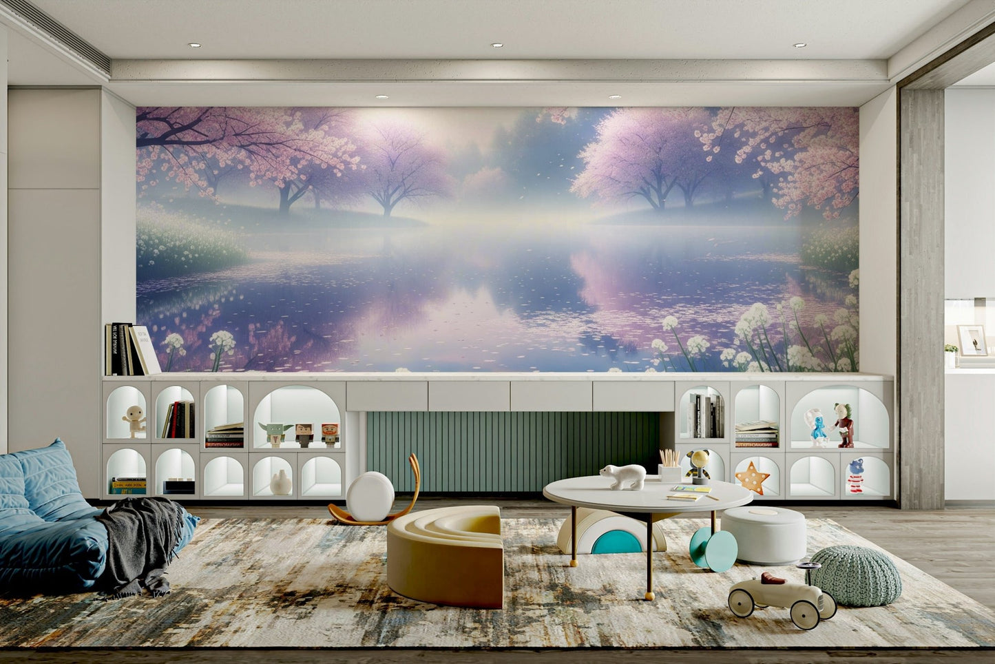 A beautiful modern art wall mural of pink blossoms.

