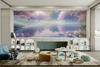 A beautiful modern art wall mural of pink blossoms.

