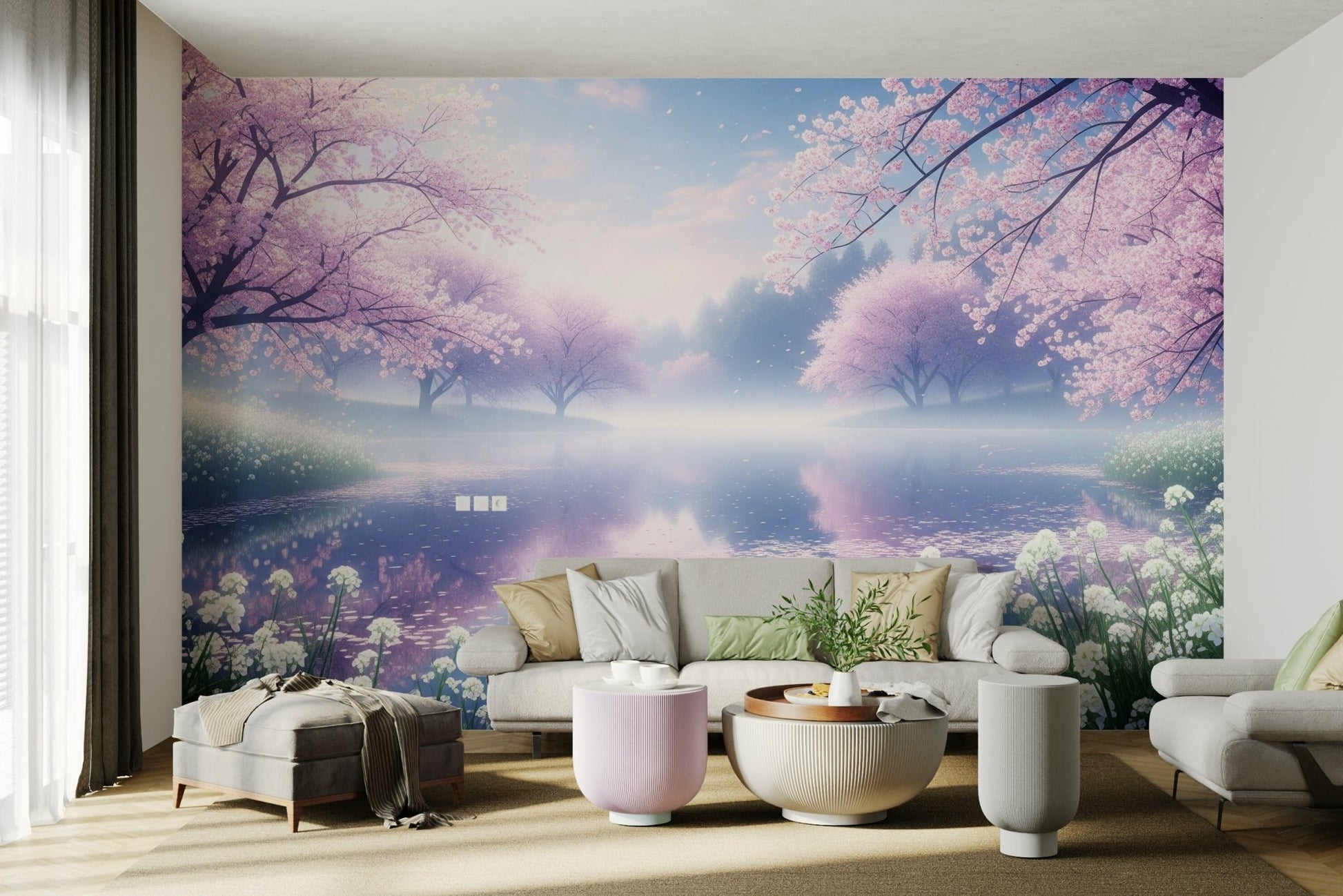 A beautiful serene floral wallpaper mural with cherry blossoms.

