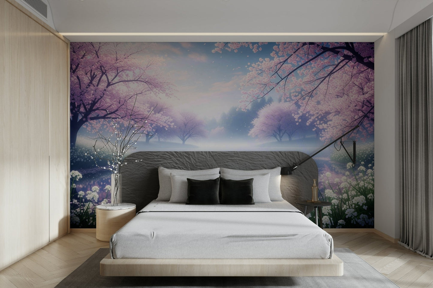 A calming floral abstract wallpaper mural that defines a space.

