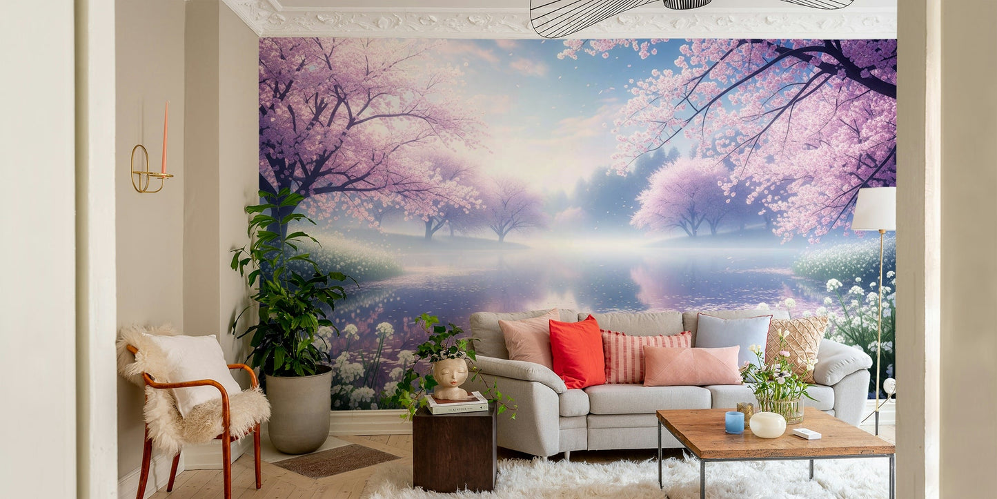 A contemplative cherry blossom wallpaper mural for a feature wall.

