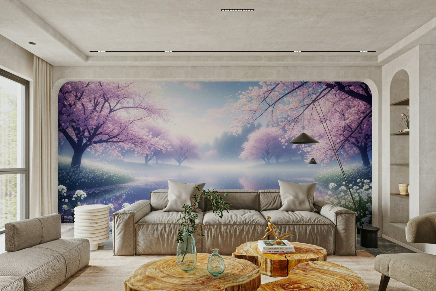 An artistic peaceful garden mural on minimalist wallpaper.

