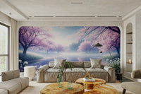 An artistic peaceful garden mural on minimalist wallpaper.

